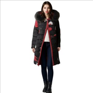 Y2K Black Red Geometric Made England Long Coat Hood Removable Fox Faux Fur Trim